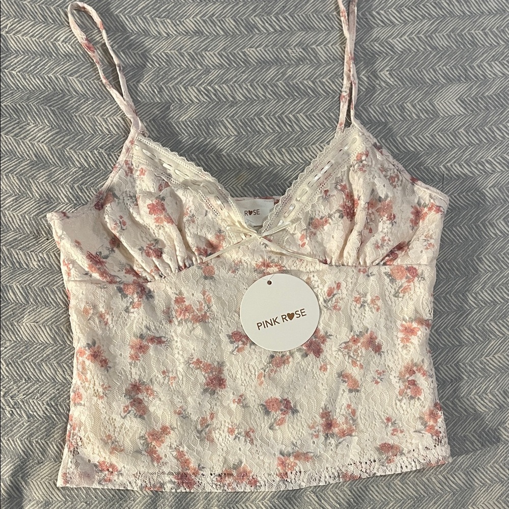 Pink Rose Lace Floral Top in Pink and Cream